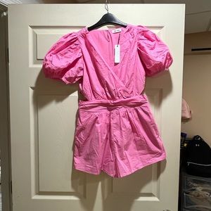 Pink puff sleeve poplin romper